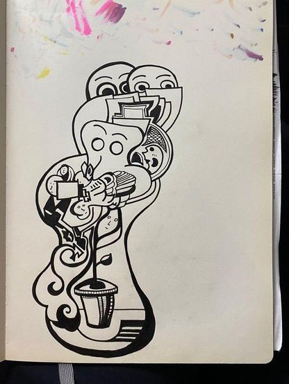 Abstract ink drawing from a notebook. There are several faces and small creatures within the lines.