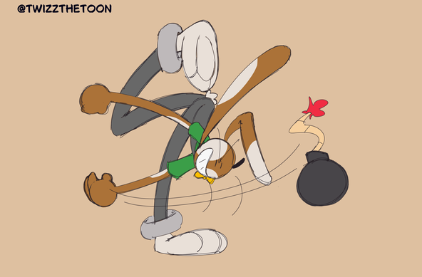 a brown rabbit with white post wearing a green shirt with gray overalls throwing a bomb
