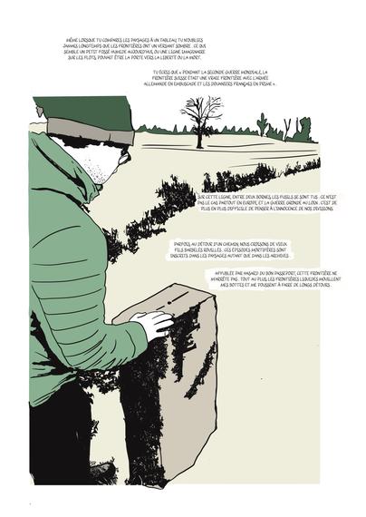 An image of a person standing by a border stone, looking away, in muted colours. French text referring to the theme of borders & violence in reference to two books.
