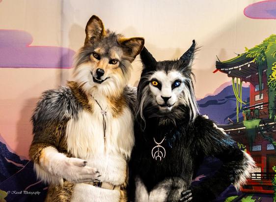 Tashville the coyote and Ris'hary the FeyCat looking at the camera, standing in front of a Japanese themed printed background at NordicFuzzCon 2025