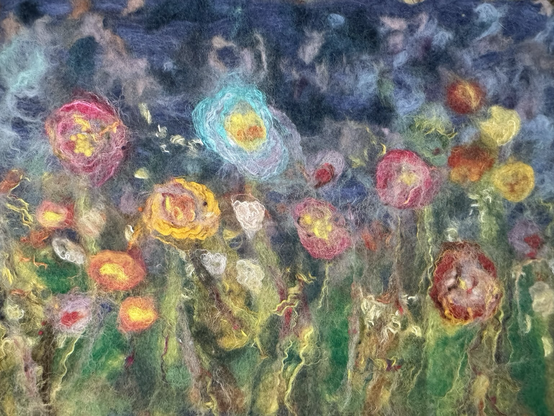 Wet felted floral composition - multicoloured rectangle of rounded flower shapes, along with grasses and leaves. Impressionist feeling.