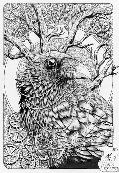 Dessin noir et blanc format A4 d'un corvidé, empêtré dans une ficelle qui lui entoure le corps et le bec. Derrière lui des branches d'arbres nus s'étendent devant des engrenages de mécanisme d'horlogerie
