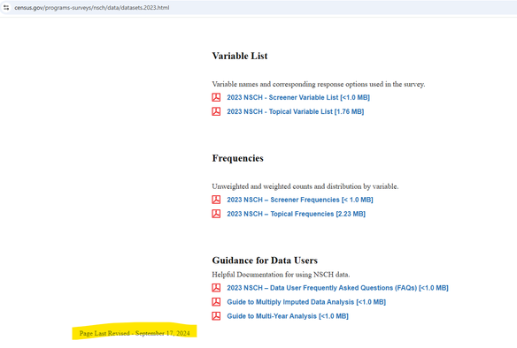 Screenshot of https://www.census.gov/programs-surveys/nsch/data/datasets.2023.html with highlighted text "Page Last Revised - September 17, 2024"