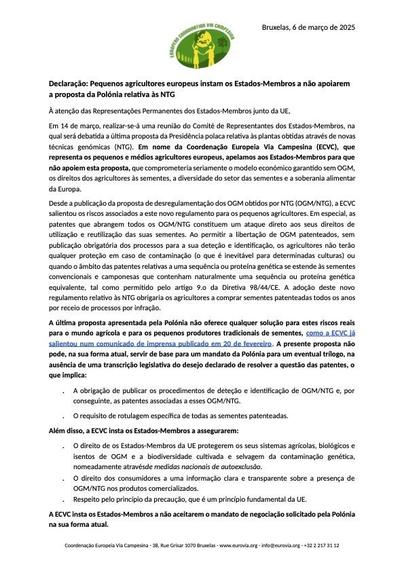  (PT) 🇪🇺🚜🧑‍🌾 ECVC - Declaração - 6 Março 2025 
📢🌾 Pequenos agricultores europeus instam os Estados-Membros a não apoiarem a proposta da Polónia relativa às NTG 🧬

(EN) 🇪🇺🚜🧑‍🌾 ECVC - Statement - 6 March 2025 
📢🌾 European small-scale farmers call on Member States to not support Poland’s proposal on NGTs 🧬

➡️ https://www.eurovia.org/news/statement-european-small-scale-farmers-call-on-member-states-to-not-support-polands-proposal-on-ngts

#StopGMO #NGT #NewGenomicTechniques #GMO
