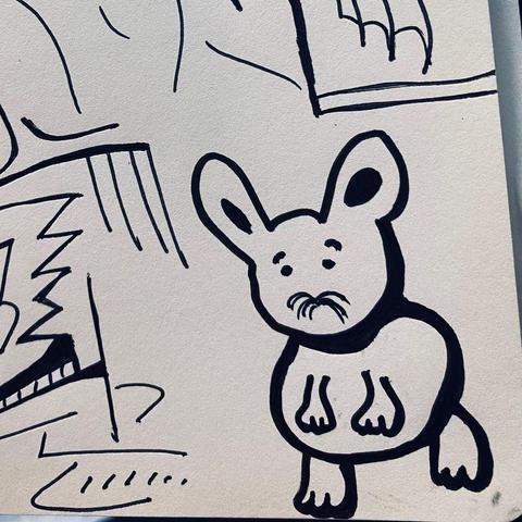 Ink drawing of a strange creature, named Larry, who kind of looks like a sad and confused bipedal rabbit.