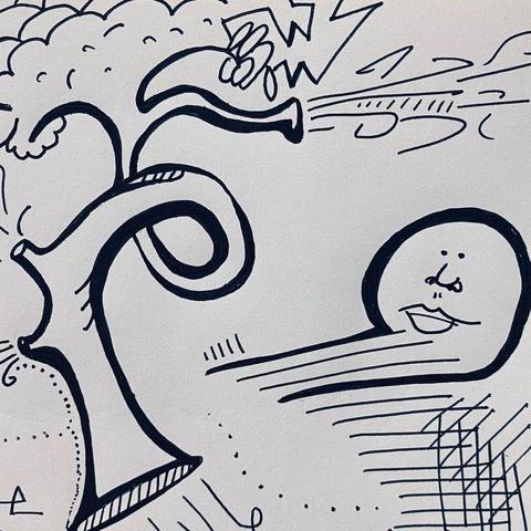 Ink drawing of a strange looking face, emerging from a few lines on the page. Their name is Sam, and they are looking at some kind of odd trumpet-like brass instrument that appears to be blowing out sounds and air.