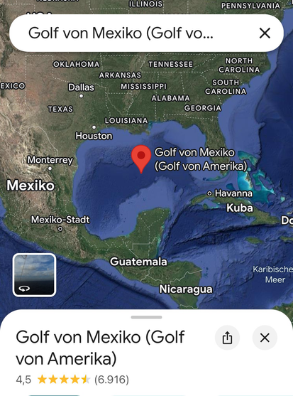 Google Maps Screenshot auf deutsch mit dem Golf von Mexiko und in Klammern dahinter die Bezeichnung „Golf von Amerika“.