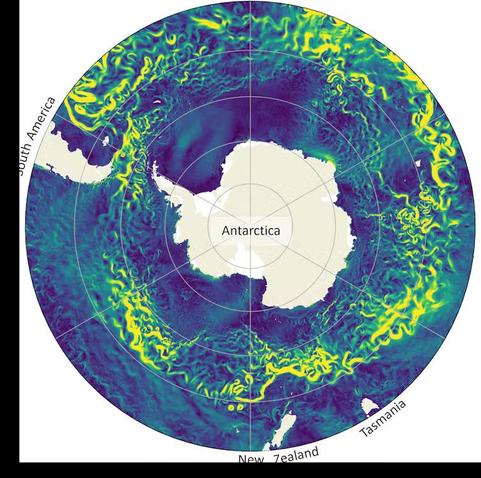 Antarctica surrounded by the Antarctic Circumpolar Current, the strongest ocean current on the planet, shown in yellow-green on deep blue.