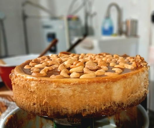 Cheesecake topped with caramel and Cashews, I used the Sally's baking addiction brown sugar Cheesecake recipe 
