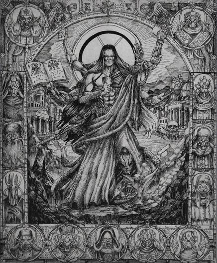 A religious icon of the cyborg-like winter deity, the Tech Lord. Portraits on the border are the highest ranking leaders under the Tech Lord. 