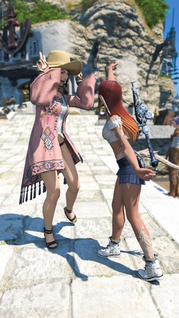Two friends are dancing at the docks while they wait for the fishing boat to arrive.