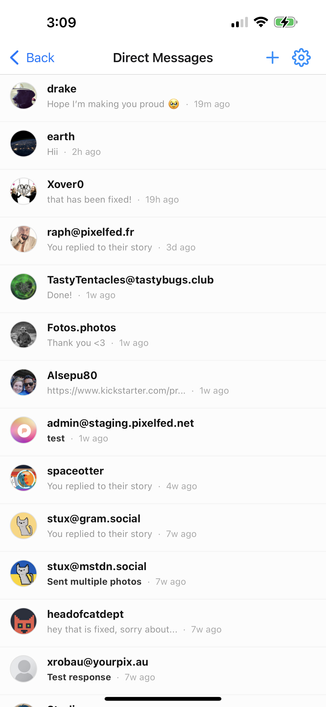 Screenshot of Pixelfed Direct messages feature