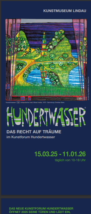 Screenshot 15.03.2025 - https://www.kultur-lindau.de/museum/hundertwasser-das-recht-auf-traeume

... Den Auftakt bildet die Eröffnungsausstellung „Das Recht auf Träume“, die faszinierende Einblicke in das facettenreiche Schaffen dieses außergewöhnlichen Künstlers bietet. Hundertwasser verwirklichte unbeirrt seine eigenen Träume und Visionen. In seinem Werk und Wirken spiegelt sich sein Streben nach einer friedlicheren, harmonischeren Welt. Von frühen Aquarellen über Gemälde bis hin zu originalen japanischen Farbholzschnitten und Siebdrucken, die durch seine technischen Erneuerungen eine einzigartige Ausdruckskraft entfalten, zeigt die Ausstellung Hundertwassers unverwechselbare Farben und traumgleichen Bildwelten. Seine Werke zeigen, was ihn antrieb und wofür er eintrat: Ein Leben in Einklang mit der Natur und die Freiheit individueller Kreativität. ...