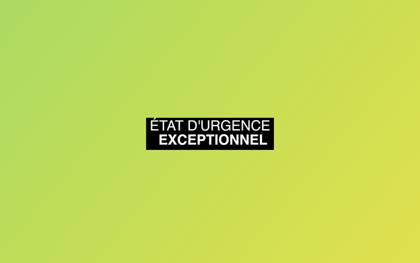 page web avec fond en dégradé vert et jaune où il est indiqué en blanc sur bande noire "état d'urgence exceptionnel"