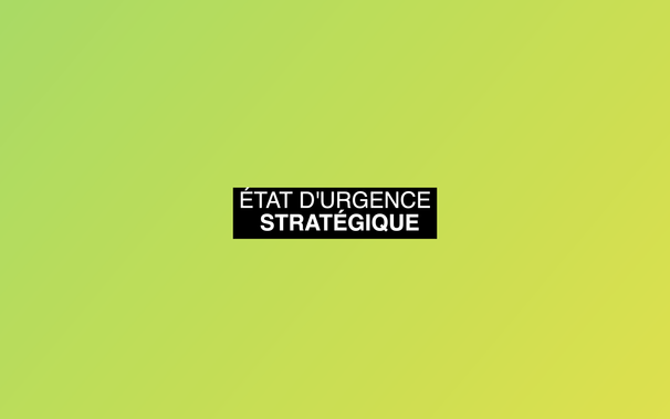 page web avec fond en dégradé vert et jaune où il est indiqué en blanc sur bande noire "état d'urgence stratégique"