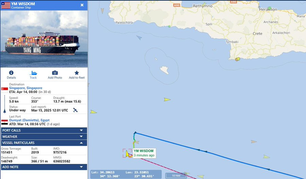 Eine Karte zeigt Manöver des unter der Flagge Liberias fahrenden Containerschiffs YM WISDOM ca. 45 Meilen südwestlich der Kreta vorgelagerten Insel Gavdos.