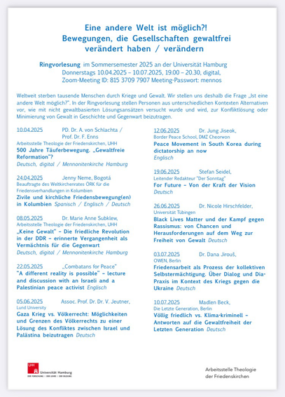 Flyer der Universität Hamburg zur Ringvorlesung der Arbeitsstelle “Theologie der Friedenskirchen”.