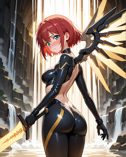 Beautiful Girl with Shoulder length hair, Green Eyes in a black and gold skin tight armour with black metallic wings and golden feathers, standing in front of a golden waterfall, 