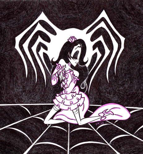 Johnny Long-Legs as his drag persona Nellie Long-Legs. In a light pink lacy dress with ribbons, long black hair with a flower in it, kneeling in a proud, alluring manner.