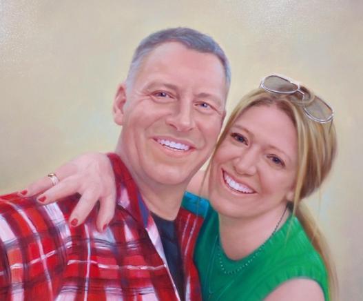 a painting of a couple, a man in a plaid shirt and a woman in a sleeveless green sweater, she is hugging him and pressing her face next to his, she has sunglasses on her head and her blonde hair is tied back