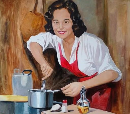 a  painting of a woman with curled brown hair stirring a pot in a kitchen with a wisk, a bottle of oil and some seasoning and pots and pans around her, she is wearing a white dress shirt and a red apron 