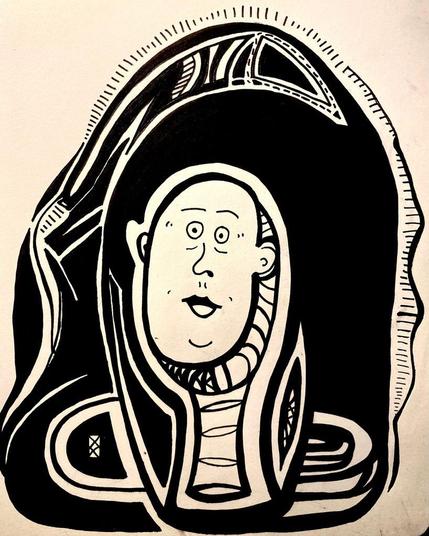 Ink drawing of an abstract figure with a surprised face. The face is situated atop a shape that somewhat resembles a toothbrush. There are shapes of black and negative space around the character.