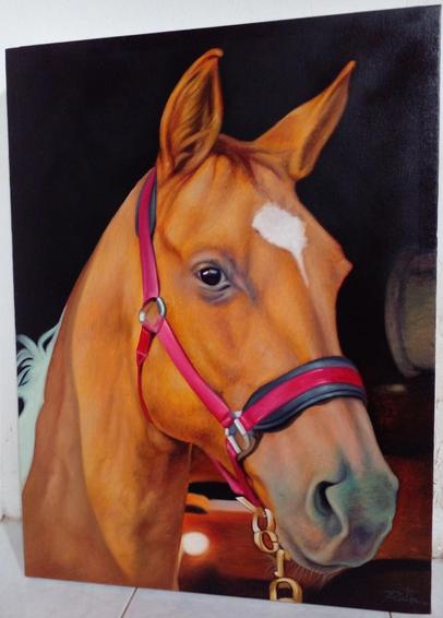 a painting of a horse's head, he is reddish brown, a white spot on his forehead, red reigns on his head, a dark background 