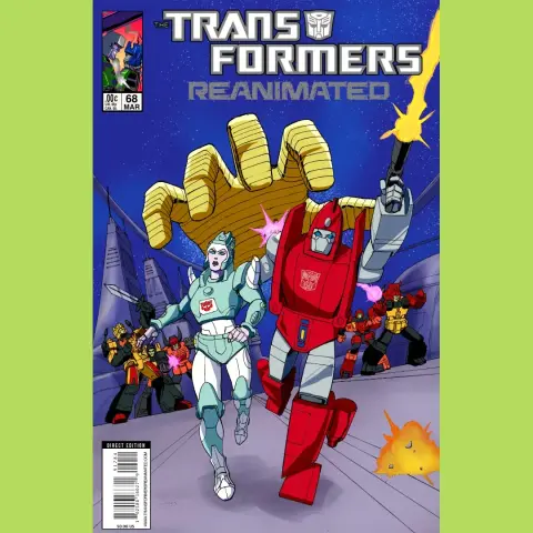 Comic book cover for Transformers Reanimated issue 68 featuring Powerglide and Moonracer running at the reader.