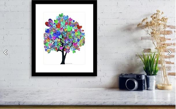 Colorful tree made up of watercolor hearts by artist Sharon Cummings.