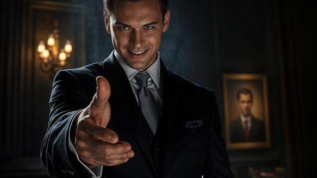 A mysterious figure in a sharp suit, standing in the shadows, offering a handshake with an unsettling grin.