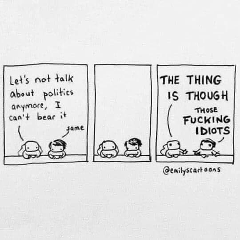 Three panel comic: first panel, two people sit at a counter, one says to the other, “let’s not talk about politics anymore, I can’t bear it” the other says, “same”. Next panel, they are both just sitting there. In the third panel, the first one shouts, “THE THING IS, THOUGH” and the second one shouts, “THOSE FUCKING IDIOTS!”