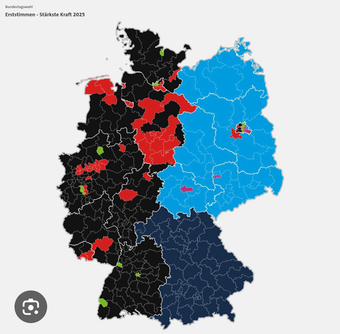 Map of Germany with the individual constituencies and the first-vote winners color-coded in the 2025 federal election.