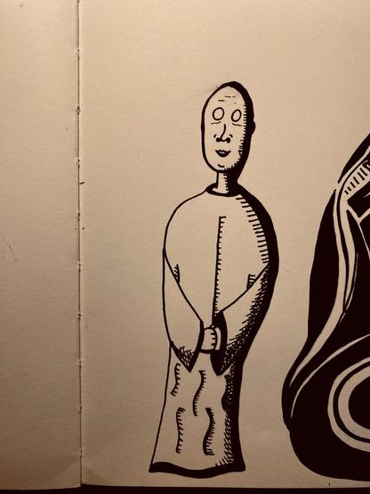 Ink drawing of a human-looking figure wearing a robe. They have no hair, are smiling, and have no pupils in their eyes.