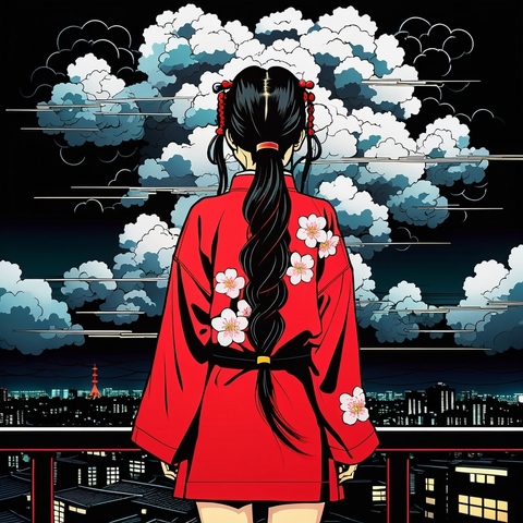 Model: RealVisXL V4.0
a blooming sakura, at night, with thunderclouds, japanese woman 25 years old looking down, long black pigtails, who is standing with her back, old anime 80s hard line style, akira style 