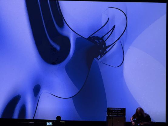 blue and black shapes twisting on a screen, musician in front performing