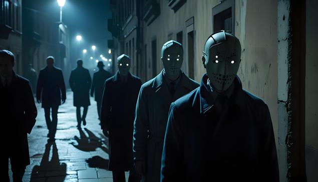 A crowd of faceless people walking in the streets, their faces blurred and indistinct, but one person’s face is clear, showing a cold, calculating expression. The rest of the crowd wears masks of false smiles, blending in with the darkness around them. The scene conveys a sense of deception and hidden truths in plain sight.