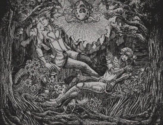 Giorno Giovanna and Gold Experience from JJBA sitting on an overgrowth environment, surrounded by plants and flowers. Which related to Gold Experience's powers related to life. 
