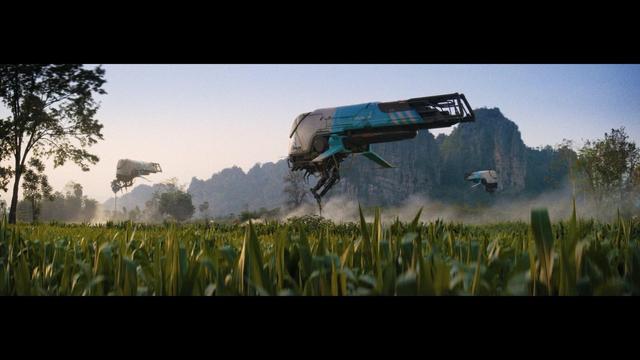Three futuristic flying vehicles hover above a green field, with mountains in the background. The scene is set in a lush landscape under a clear sky.