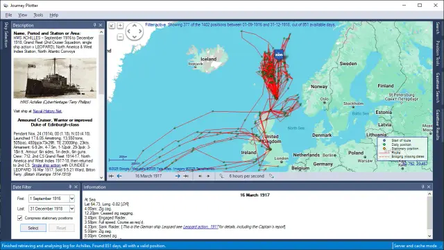 Screenshot of Journey Plotter showing the 1916-1918 journey of HMS Achilles and the events noted in her log-book for 16 March 1917.