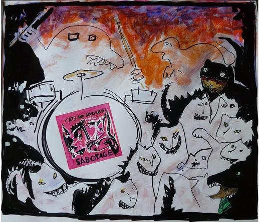 A chaotic and colorful artwork featuring a drummer playing in front of a crowd of cartoonish animals and dinosaurs. The central focus is a large pink album cover labeled "Cats and Dinosaurs - Sabotage," surrounded by various exaggerated, grinning faces.