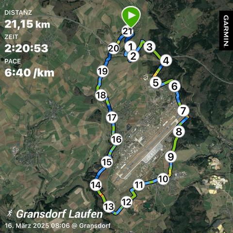 21 km Lauf. Trainingsdaten. Hintergrundbild: Sattelitenansicht der Laufstrecke um die Airbase Spangdahlem.