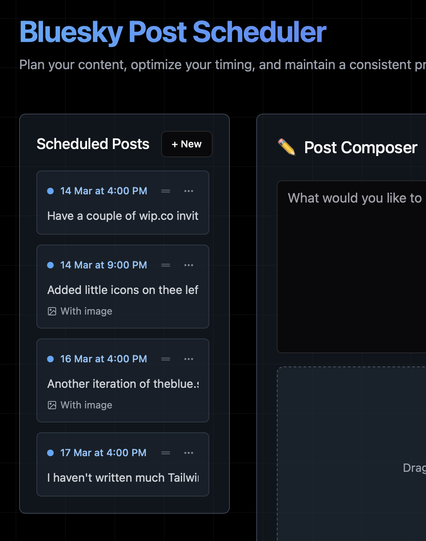 Screenshot of a list of scheduled posts with theblue(dot)social