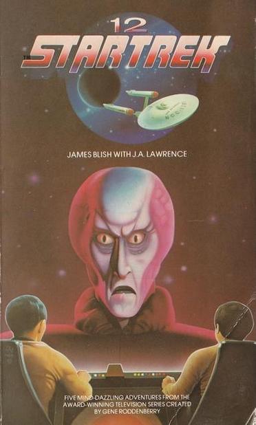 The cover image from Book 12 of James Blish's Star Trek episode adaptations, showing a scene from The Corbomite Manoeuvre - a big alien head that turned out to be a puppet fashioned to scare people away.
