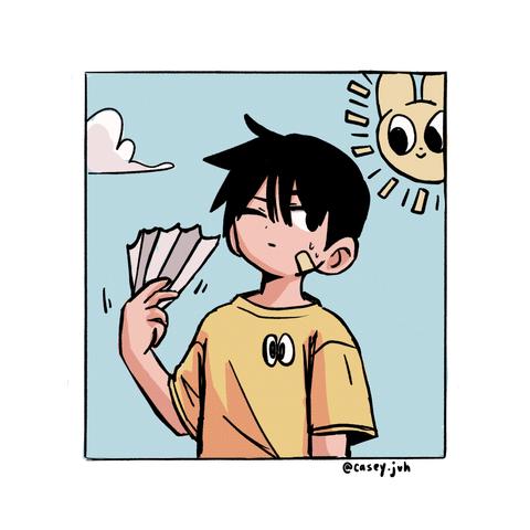 A doodle of a boy using a fan.
