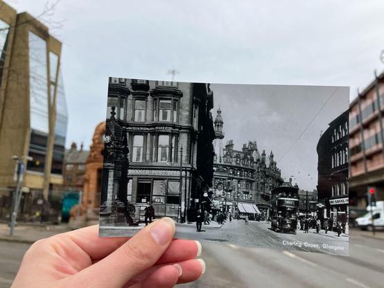 Glasgow Charing Cross today, with an overlay photo of how it was