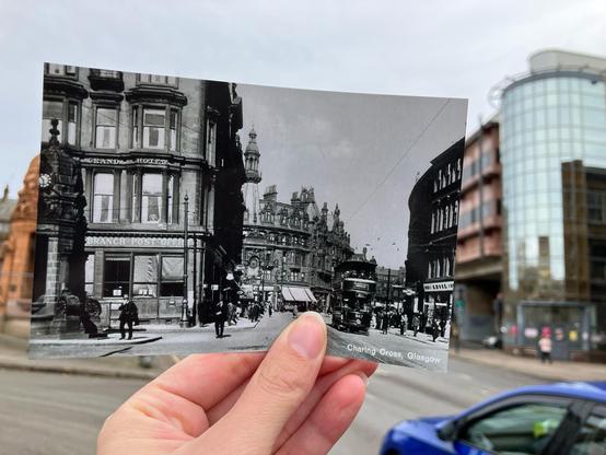 Glasgow Charing Cross today, with an overlay photo of how it was