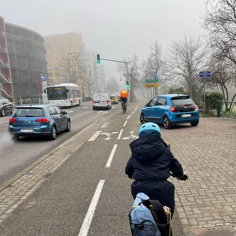 Une Renault Twingo en pleine marche arrière entre la piste cyclable et le trottoir, tandis qu’un enfant arrive derrière elle à vélo, et d’autres cyclistes en face