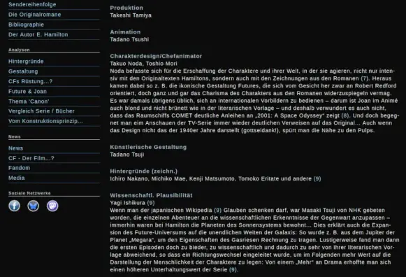 Screenshot der Sektion zur Zeichentrickserie auf www.futuremania.de - zu sehen ist der Teil zum Charakterdesign etc. bei der Produktion der Serie und andere wichtige Details...