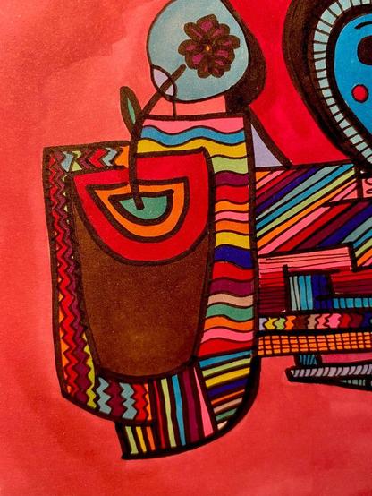 An abstract ink drawing of a potted flower with some kind of a glass covering. Color pops everywhere.