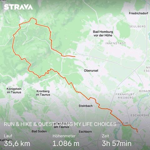 Eine Karte mit einem rot eingezeichneten Track und Informationen zur zurückgelegten Strecke (Distanz, Höhenmeter und Zeit)